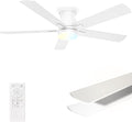 Ceiling Fans with Lights 52 Inch, Flush Mount, Remote Control, 3CCT Dimmable, 6 Speeds, Quiet Reversible DC Motor, Low Profile Hugger White Ceiling Fan for Bedroom, Living Room, Indoor/Outdoor, ETL