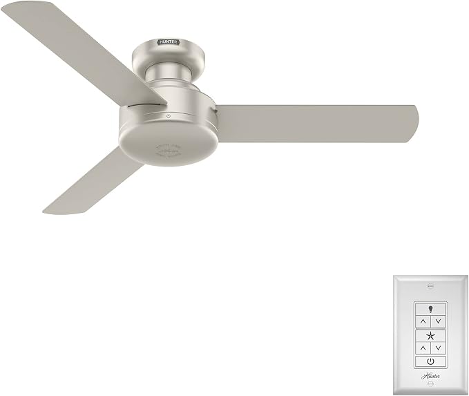 Hunter Presto, Indoor, Ceiling Fan, No Light, Modern, 44 inch, Matte Nickel | Low Profile Mount, Wall Control, 3 Blades, For Bedroom, Living Room, Kitchen, 52403