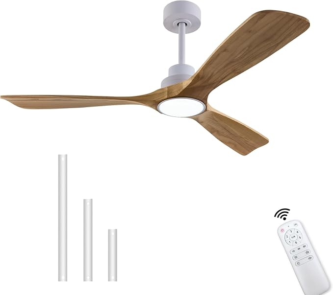 QUTWOB 52" Wood Ceiling Fan with Light, Reversible DC Motor, Remote Control | solid wood blades, quiet 6-speed reversible dc motor, remote with memory, 3-color led, for indoor outdoor patio bedroom