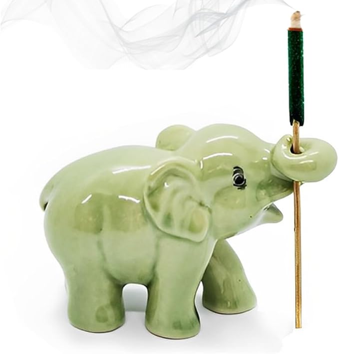 2½" Green Curl Trunk Baby Elephant Elegant Ceramic Incense Stick Holder Artistic Collectible Figurine for Adult Collectors Sophisticated Accent Gift Handcrafted Porcelain Home Decor