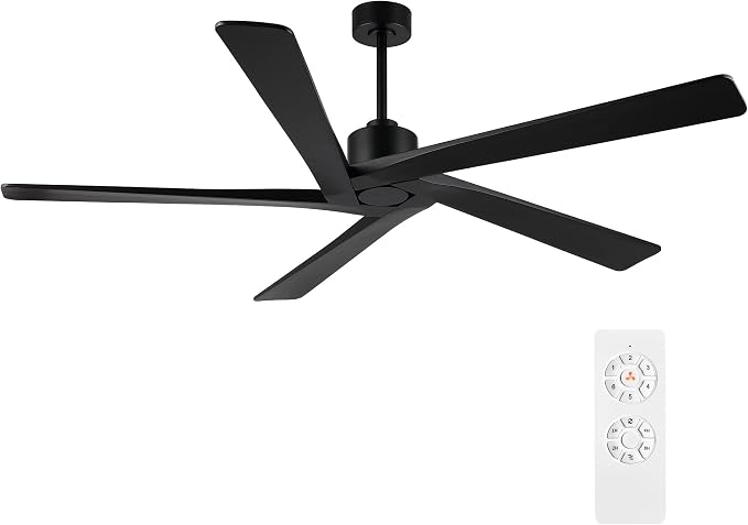 WINGBO 72 Inch DC Ceiling Fan No Light with 3 Downrods, 5 Reversible Carved Solid Wood Blades, 6-Speed Noiseless DC Motor, Large Ceiling Fan without Lights in Black Finish, ETL Listed