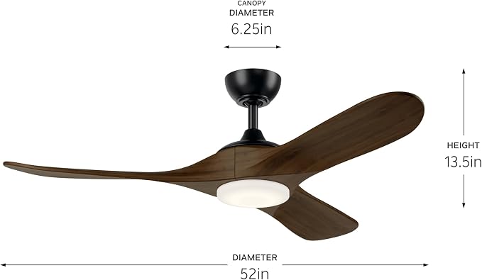 KICHLER Mylo 52 in Modern Ceiling Fan with Light, Satin Black with Aged Walnut Wood Blades, 6-Speed Remote Control, Damp Rated for Bedroom or Living Room, 310552SBK