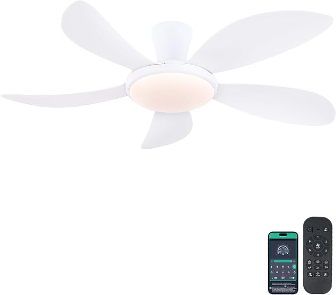 PHORUS 48"Black Low Profile Flush Mount Ceiling Fans with Lights and Remote | Supports Remote and APP, 6 Wind Speeds, Reversible, Dimmable 3 CCT LED, 30WNoiseless DC Motor,Timer, for Bedroom Kitchen