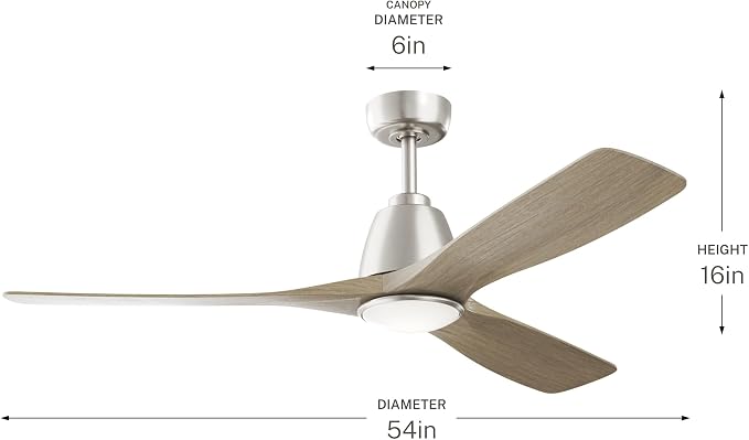 Kichler 54" Volos II 3 Blade Ceiling Fan in Brushed Nickel with Distressed Antique Grey Blades, Easy-to-Install AC Motor, Downrod, 300054-NI