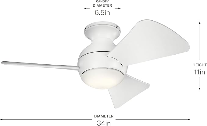 Kichler 330150MWH 34 Inch Sola Ceiling Fan LED, 3 Speed Wall Control Full Function, Matte White Finish with Matte White Blades