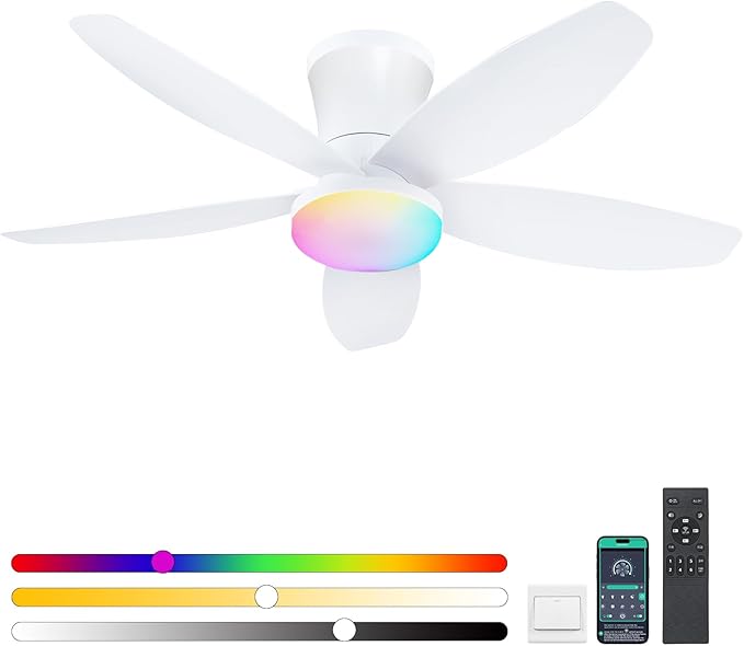 Surtime Flush Mount RGB Ceiling Fans with Lights-36 Low Profile Ceiling Fan with Light and Remote/APP Control,DC Reversible,LED Dimmable Ceiling Fans for Bedroom,Indoor/Outdoor Patio Use(White)