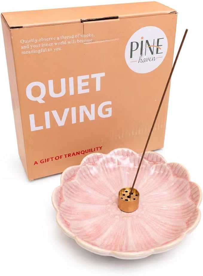 Pinehaven Ceramic Lotus Incense Holder – 5.5 Inch Hand-Sculpted Tray with Built-in Ash Catcher, Brass 9-Hole Insert for Sticks, Palo Santo, Sage & Cones – Japanese Zen Home Décor for Meditation