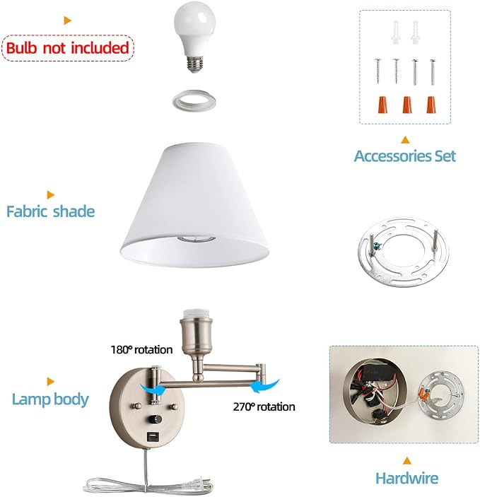 Swing Arm Wall Sconces, Plug-in Wall lamp,Bedroom Wall lamp ， White Fabric Shade，，with dimmable Switch and USB Charging Port, Suitable for Bedside, Living Room, Reading (Nickel)