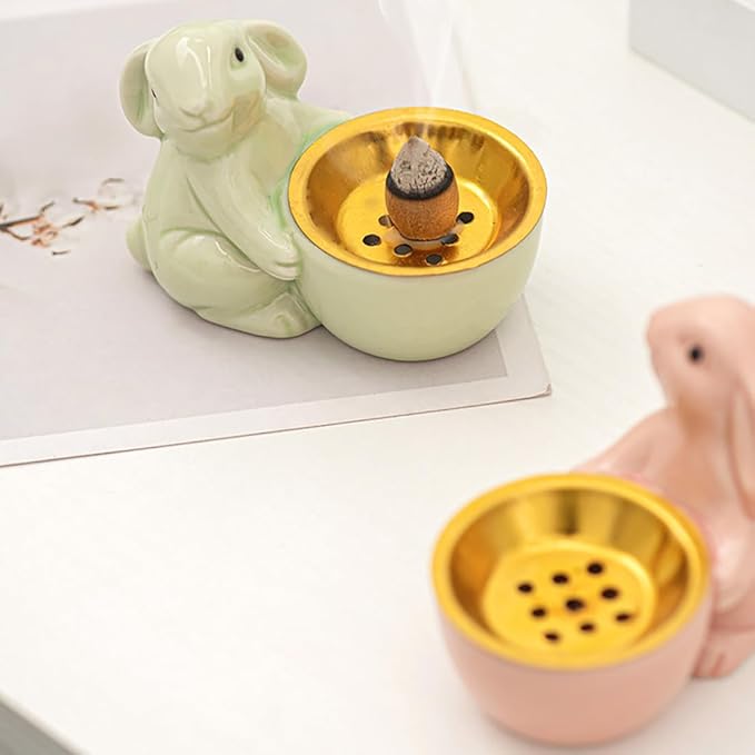 Ceramic Rabbit Incense Burner Rabbit Figurines Statue Ornament Easter Incense Sticks Holder Waterfall Arab Incense Holder for Home Decor (Pink)