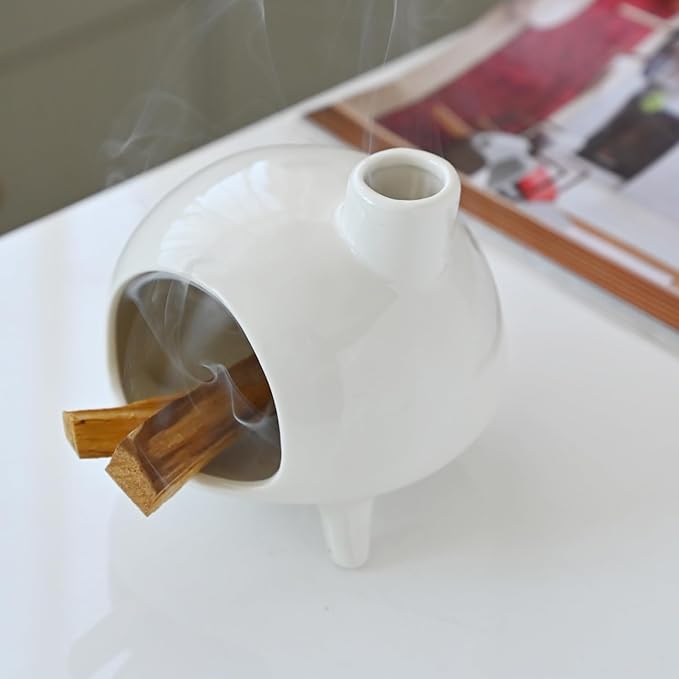 Handmade Ceramic Palo Santo Holder Burner - Mini Chimenea Incense Dish for Palo Santo and Sticks .Sage Holder for for Aromatherapy, Yoga, Meditation Gift and Home Decor (White)