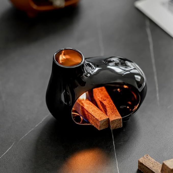 Ceramic Palo Santo Holder Burner with Chimney & Elevated Feet, Mess-Free Design, Ideal for Meditation & Yoga, Holds Palo Santo Sticks, Sage & Cones – Palo Santo Holder Set with Brush & Tweezer (Black)