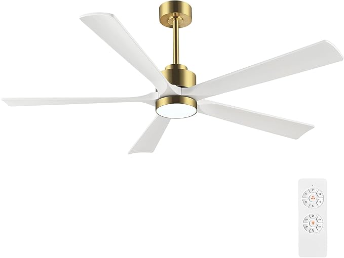 ELEHINSER 60" Modern Ceiling Fan with Lights and Remote Control, 5 Solid Wood Blades 6-Speed Noiseless Reversible DC Motor, Ceiling Fan for Bedroom Dinning Living Room, Gold Finish with White Blade