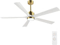 ELEHINSER 60" Modern Ceiling Fan with Lights and Remote Control, 5 Solid Wood Blades 6-Speed Noiseless Reversible DC Motor, Ceiling Fan for Bedroom Dinning Living Room, Gold Finish with White Blade