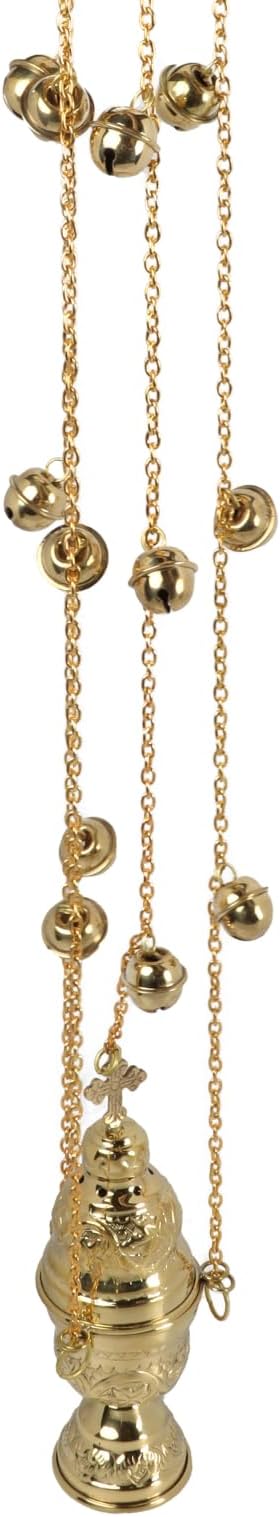 Needzo Hanging Brass Incense Burner with Bells, Gold Tone Swinging Censor, Catholic Church Supplies, 25 Inch Chains with 7" Body
