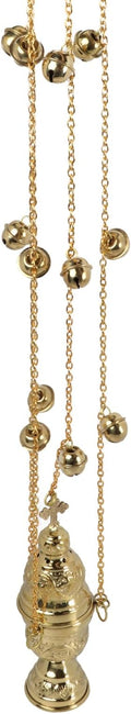 Needzo Hanging Brass Incense Burner with Bells, Gold Tone Swinging Censor, Catholic Church Supplies, 25 Inch Chains with 7" Body