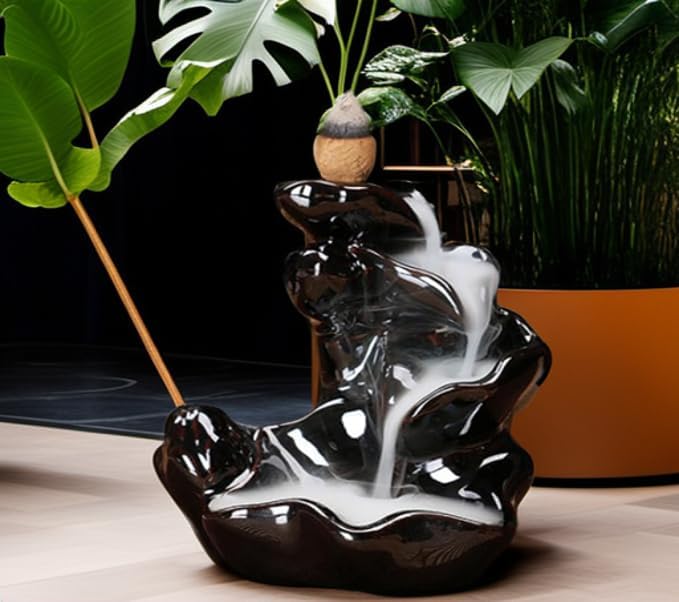 Waterfall Incense Burner, Lotus Backflow Incense Holder Ceramic Censer Cones Sticks Porcelain Holder with 60 Free Mixed Aromatherapy Cones