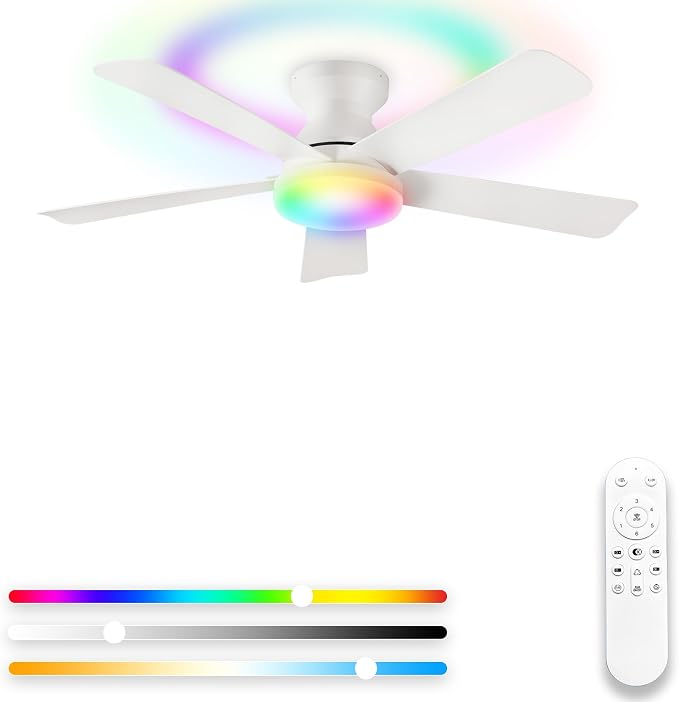 Depuley Ceiling Fan with RGB Light: 42-Inch White Small Fans for Bedroom Indoor Outdoor - Dimmable Low Profile Ceiling Fans with Remote Control Flush Mount 5 Reversible White Blades 6 Speeds Timer