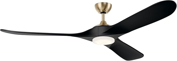 KICHLER Mylo 70 in Modern Ceiling Fan with Light and Remote Control, 6-Speed Damp Rated Fan with Satin Etched Cased Opal Glass and Jet Black Wood Blades in Champagne Bronze, 310570CPZ