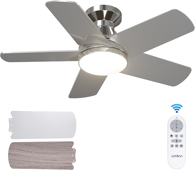 addlon Ceiling Fans with Lights, 32 inch Low Profile Ceiling Fan with Light and Remote Control, Flush Mount, Reversible, 3CCT, Dimmable, Quiet, Nickel Small Ceiling Fan for Bedroom Indoor/Outdoor Use