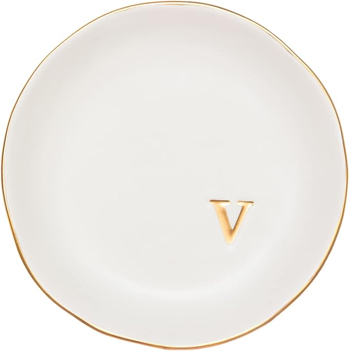 COLLECTIVE HOME Ceramic Jewelry Tray, Trinket Dish, Gifts for Women (V) | Mother's Day, Birthday, Christmas, Engagement Gifts, Vanity, Nightstand Decor, Embossed Gold Monogram Ring Dish with Gift Box