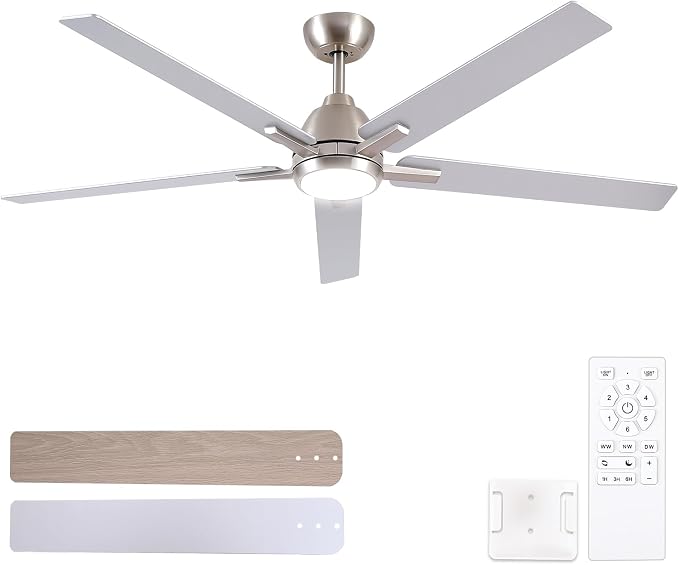 60 Inch Downrod Brushed Nickel Ceiling Fan with Light & Remote, ETL Listed | 6 Speed, Quiet DC Motor, 3-Level Timer Function, 3 Color Temperature, Forward/Reserve For all Seasons, Indoor/Covered Outdoor
