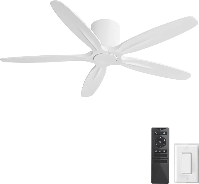 WINGBO 54" Flush Mount Ceiling Fan No Light - 5 Carved Solid Wood Blades, 6-Speed Reversible DC Motor, Dimmable, 3CCT, Low Profile Ceiling Fans without Lights for Bedroom Living Room, White