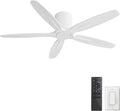 WINGBO 54" Flush Mount Ceiling Fan No Light - 5 Carved Solid Wood Blades, 6-Speed Reversible DC Motor, Dimmable, 3CCT, Low Profile Ceiling Fans without Lights for Bedroom Living Room, White