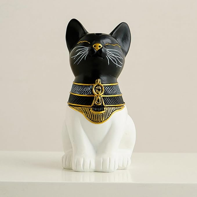 Egyptian Cat Statue Incense Burner, Vintage Resin Meditating Cat Incense Cone Holder, Home Office Aromatherapy Decor for Zen Yoga Spa (Black White)