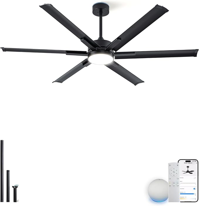 65 Inch IP64 Smart Aluminum Ceiling Fan with light, Alexa Voice Control | Durable PC Light Cover,6 Metal Black Blades and Up to 9110 High CFM Airflow,DC Motor for Outdoor Covered Patios Ceiling
