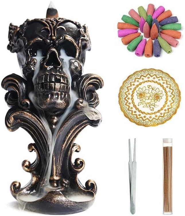 Comeon Backflow Incense Holder Burner Resin Skull Incense Burner Waterfall Incense Burner Home Decor + 20 Backflow Incense Cones + 30 Incense Sticks +1 Tweezer +1 Mat（Metallic Gold）