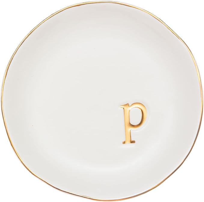 COLLECTIVE HOME Ceramic Jewelry Tray, Trinket Dish, Gifts for Women (P) | Mother's Day, Birthday, Christmas, Engagement Gifts, Vanity, Nightstand Decor, Embossed Gold Monogram Ring Dish with Gift Box