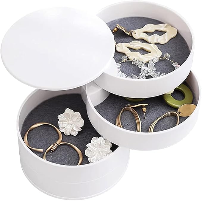 Jewelry Organizer Small Jewelry Storage Box 4-Layer Rotating Travel Jewelry Tray Holder for Women Bracelets Rings Bracelets Earrings (White)