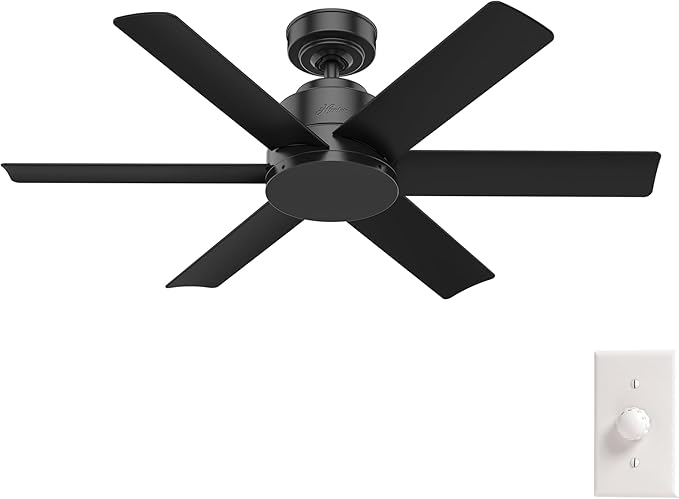 Hunter 44 inch Outdoor or Indoor Ceiling Fan No Light - Black Ceiling Fan without Light, For Patio, Porch, Garage, or Living Room, Standard Mount, 6 Blades, Wall Control - Kennicott 59613, Matte Black | No Light, Standard Mount, Wall Control, 6 Blades,...