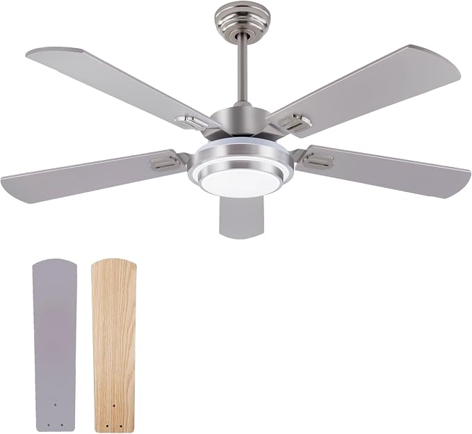 QUTWOB 52" Brushed Nickel Ceiling Fans,Farmhouse 5 Blades Ceiling Fans with Lights, Indoor/Outdoor Ceiling Fan with Remote Control for Patio, Bedroom,Living Room,Dining Room,etc. (Sliver)