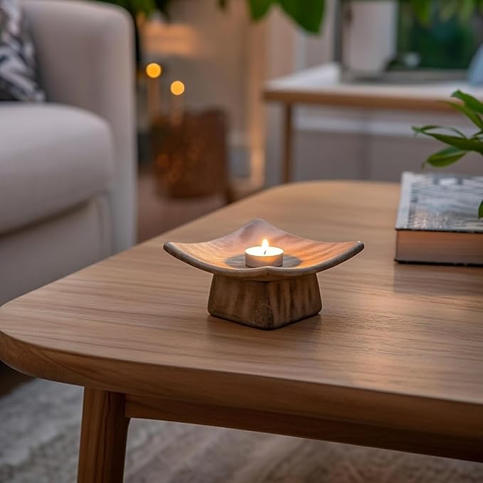 Hosley Square Candle Holder Pedestal with Incense Stick Holder – Decorative Display Stand for Pillar Candles, Small Décor & Meditation Spaces