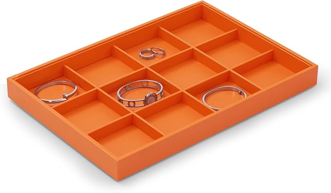 Oirlv Orange Leather Jewelry Tray 12-Grid | Orange Leather Exterior, Soft Microfiber Interior, 12 Grid Inserts, Vibrant Color, Versatile Storage for Jewelry