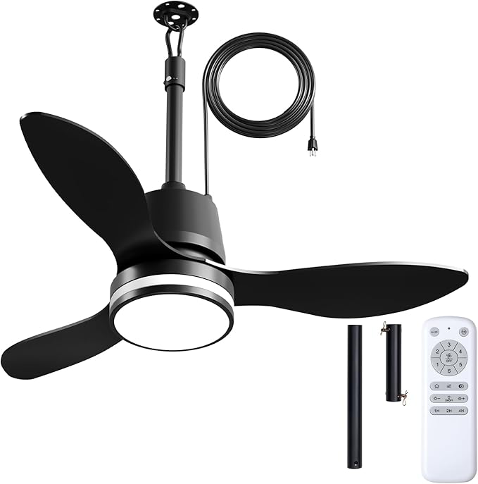 Amico 36 Inch Outdoor Ceiling Fans with Lights for Patios, IP65 Waterproof Gazebo Fan Remote Control,3CCT, 6 Speeds, Hook Hanging Plug in Ceiling Fan for Patio Porch Pergola Garage Canopy (Black)