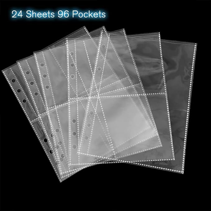 Clear Double-Sided Refill Inner Pages for Transparent Jewelry Storage Book 6 Ring Binder, 24 Sheets 96 Pockets