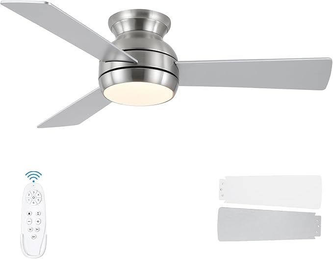 42 Inch Low Profile Ceiling Fan with Light, Brushed Nickel | Flush Mount,Remote Control,Reversible DC Motor,Wood Blades,6 Speed,3CCT Dimmable for Bedroom,Living Room