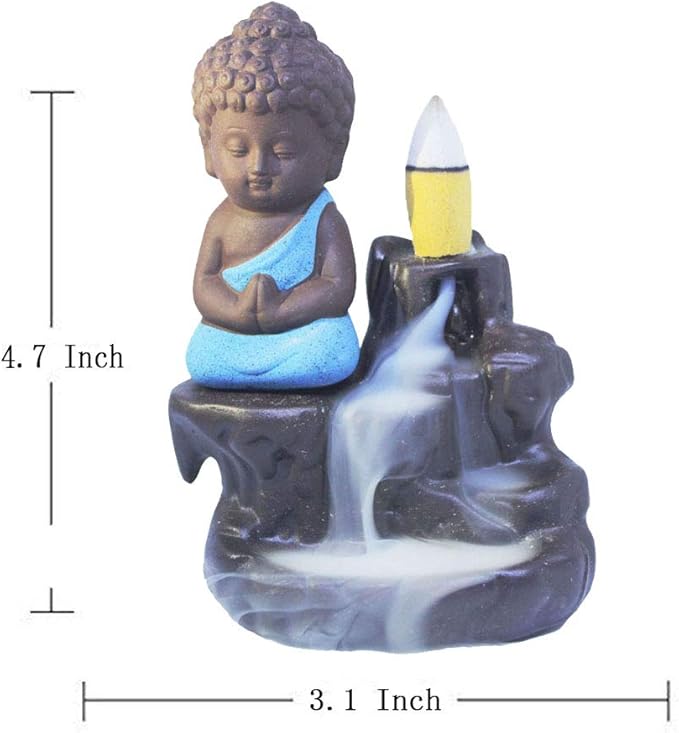 Incense Burner Smoke Waterfall Backflow Holder Ceramics Porcelain Buddha Little Monk Tower Cones Sticks Ash Catcher(Blue)