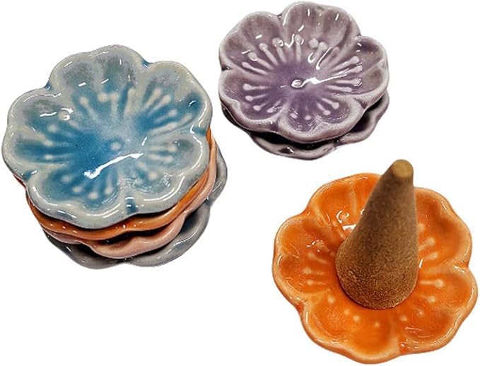 6Pcs Small Ceramics Tower Incense Tray Holder Cherry Blossoms Design Incense Cones Holder Plate Dish Incense Cones Burner Tray Fragrance Accessories for Yoga Room Home Use, Random Color