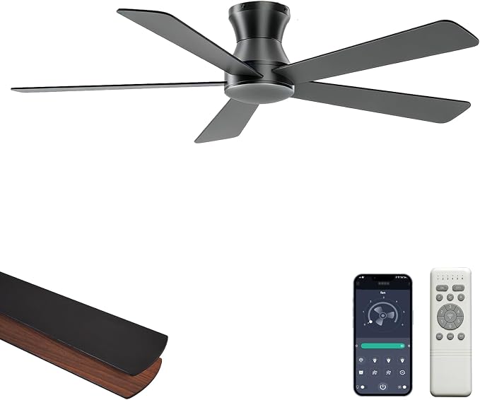 Carrefour 48 Inch Ceiling Fan No Light, Black Low Profile Flush Mount Ceiling Fan Without Light, 6-Speed Reversible, Remote & App Control, Covered Outdoor Ceiling Fans for Patio Living Room Bedroom