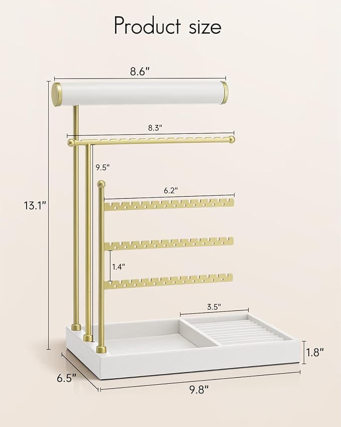 VLANDO Jewelry Stand Organizer with Ring Holder, Jewelry Holder Organizer with Tray, Necklace Holder Bracket Holder Earring Holder - White