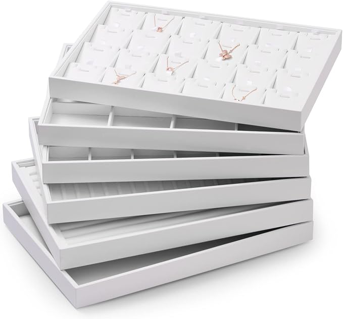 Oirlv Premium White Leather Stackable Jewelry Tray 24 Grid Jewelry Drawer Organizer Trays Rings Earrings Storage