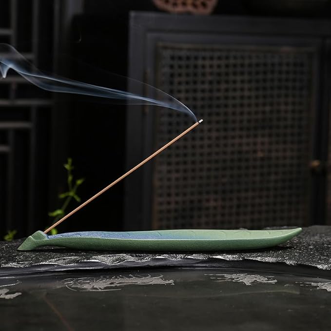 Ceramic Retro Leaf Incense Holder - Frosted Green Aromatherapy Stick Incense Burner - Zen Meditation Decor for Home & Office