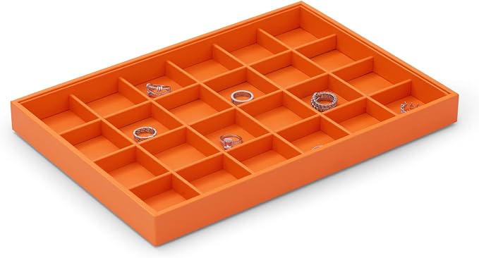 Oirlv Orange Leather Jewelry Organizer 24-Grid | Orange Pu Leather Exterior, Soft Microfiber Interior, Removable Dividers, Elegant Color for Display
