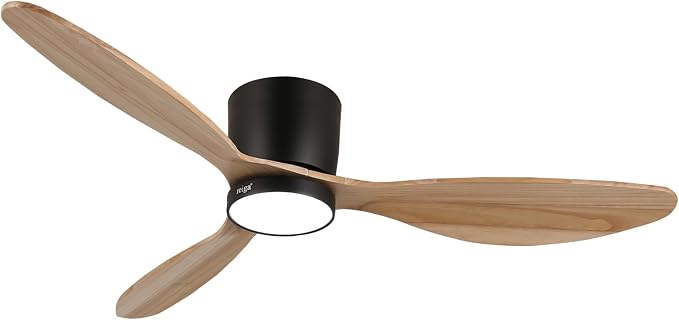 reiga 52" Natural Wood Flush Mount Ceiling Fan with Light, Quiet DC Motor | 3 solid wood blades, reversible silent motor; dimmable 3CCT LED light, remote timer for bedroom & mid-century indoor spaces