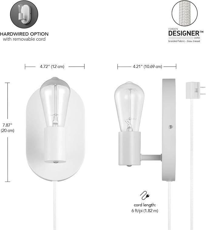 Globe Electric 65000134 1-Light Plug-in or Hardwire Wall Sconce, Matte White, 6ft White Fabric Covered Cord, Inline On/Off Rocker Switch, Bedroom, Living Room, Mounted Lamp