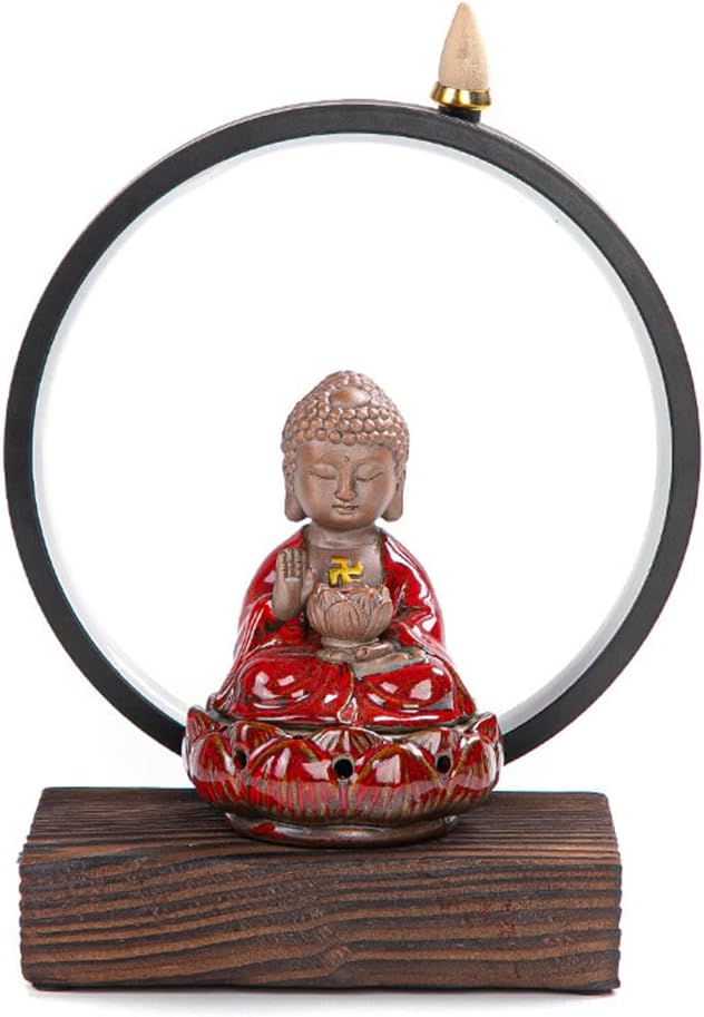 Ceramic Buddha Incense Burner Waterfall Chinese Backflow Incense Burner Holder with LED Light Incense Cones for Home Office Decor (Red)
