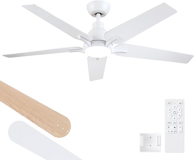 52 Inch Ceiling Fan with Light and Remote Control, White | 6-Speed Quiet Reversible DC Motor, 3CCT Dimmable 24W LED Light,5 Wood Blades,Used for Bedroom, Living Room, Covered Patio